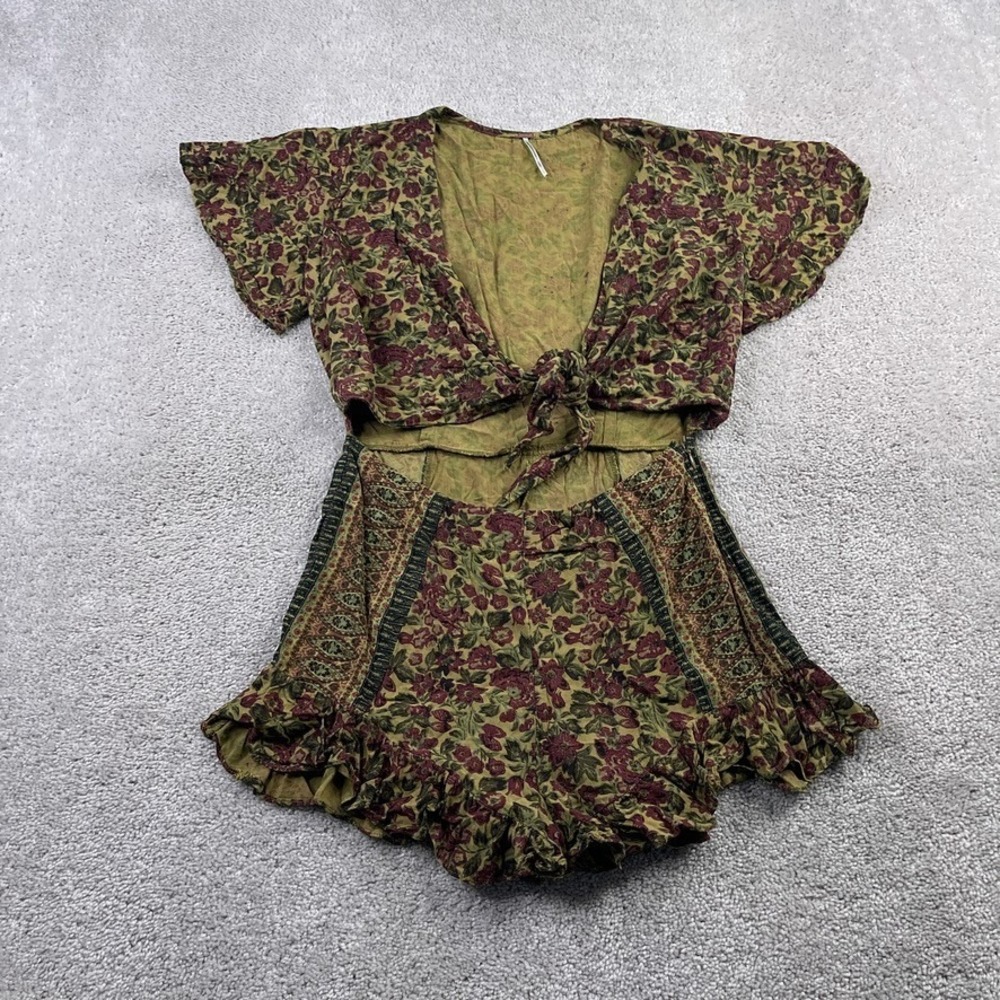 Free People Surf Date Romper Womens 4 Brown Burgundy‎ Floral Ruffle Hem